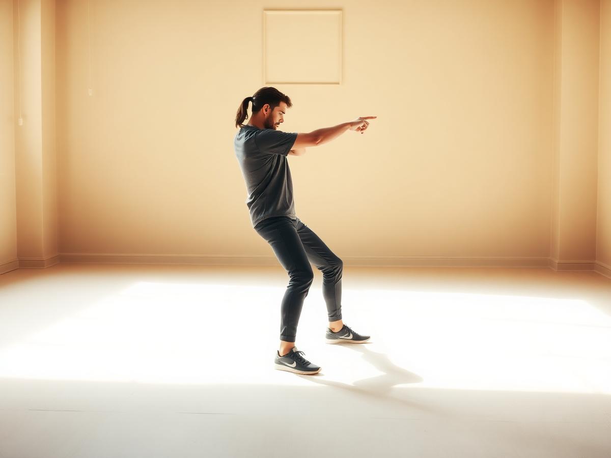 Person practicing a foundational self-defense stance in a bright studio