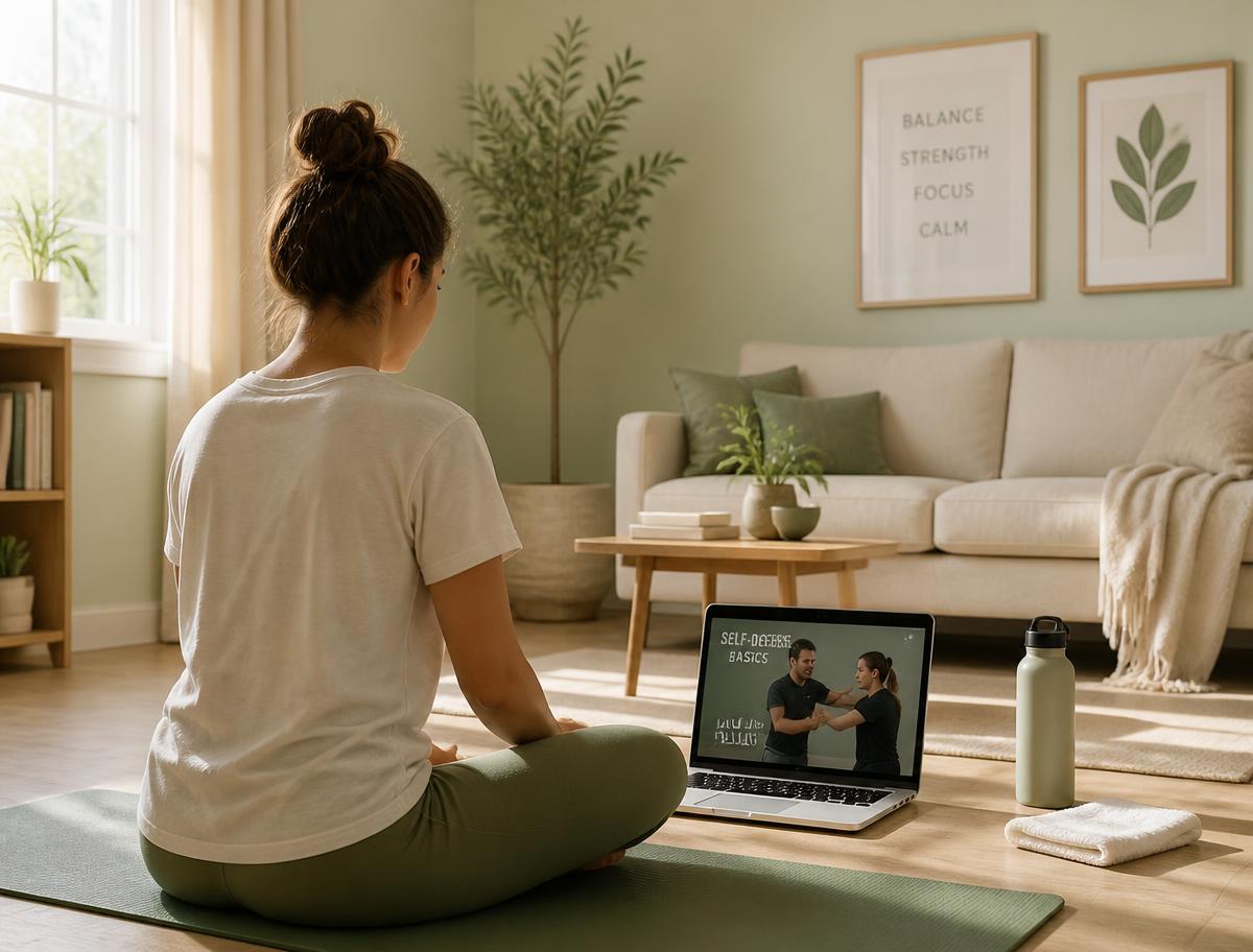 Person following a self-defense training video at home