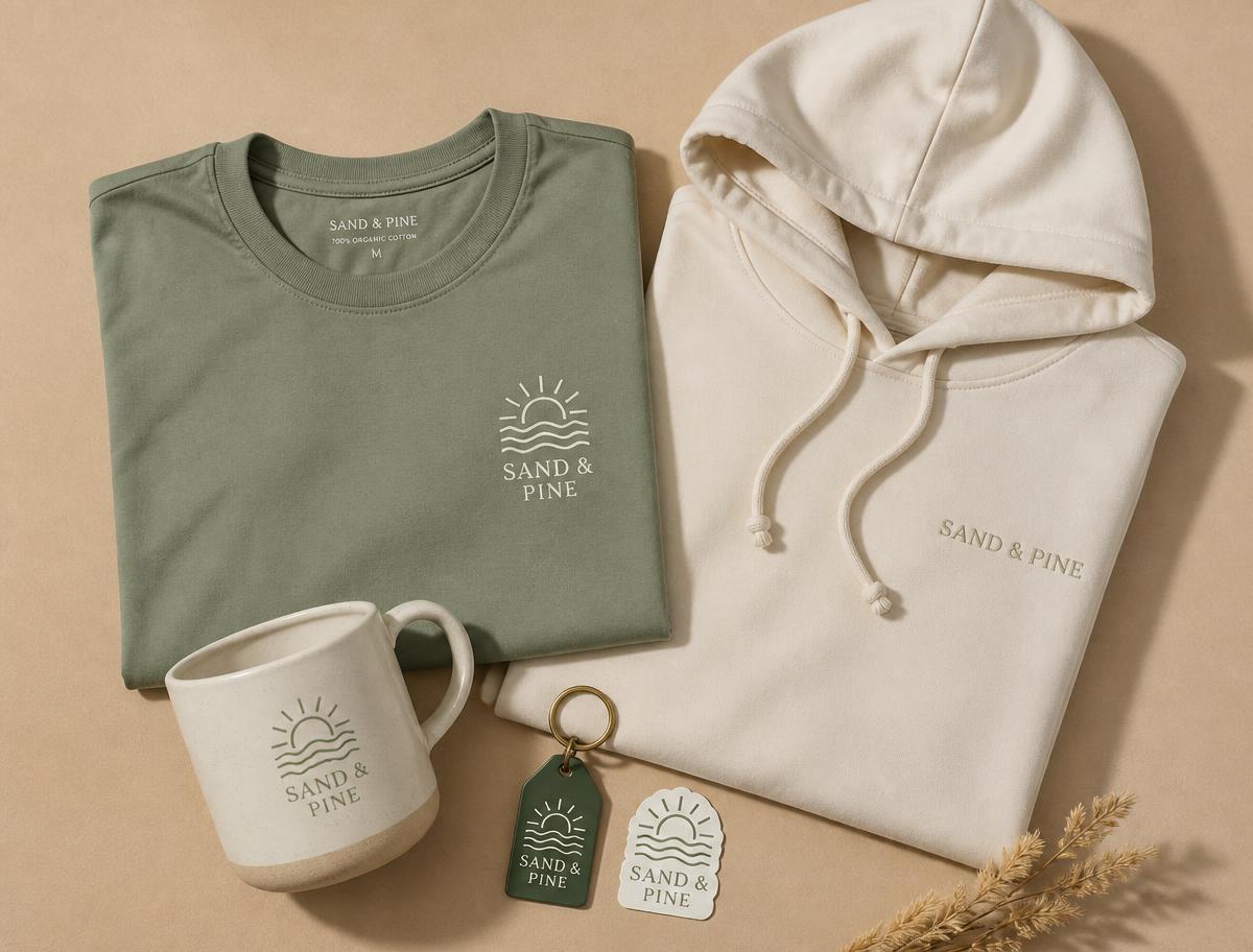 Folded tee, hoodie, mug, keychain and sticker on a warm sand background