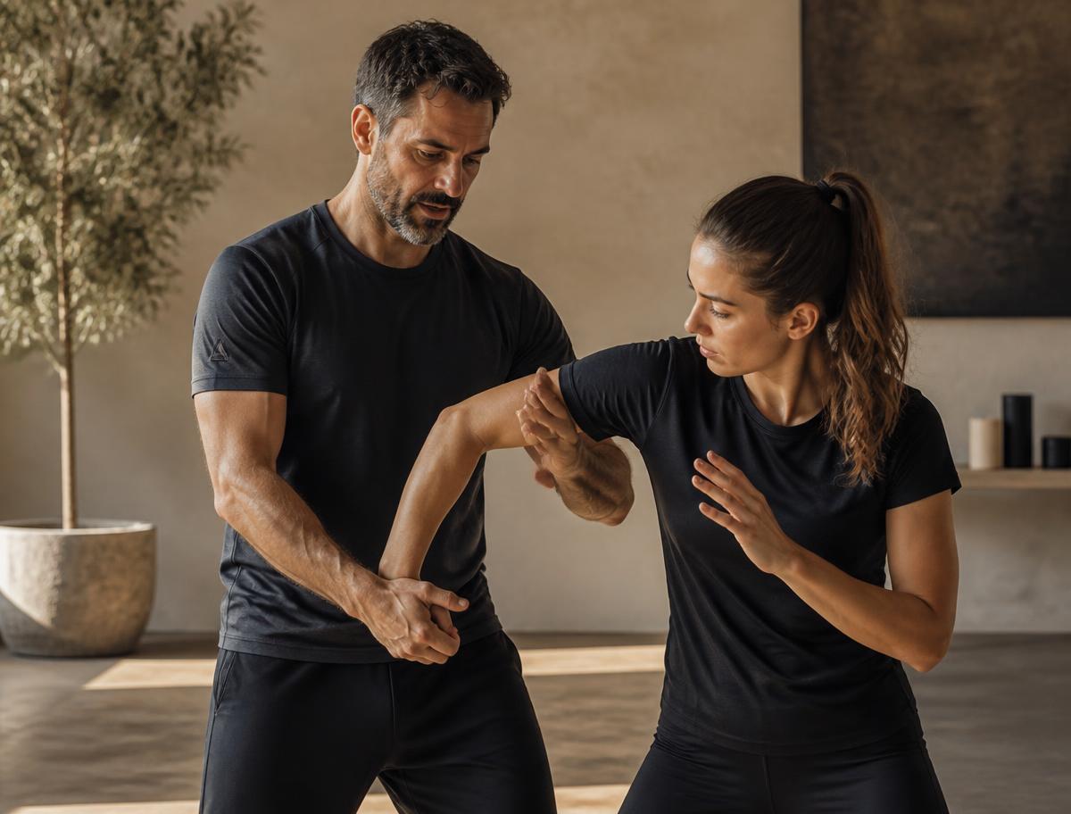 Instructor coaching a student through a wrist release