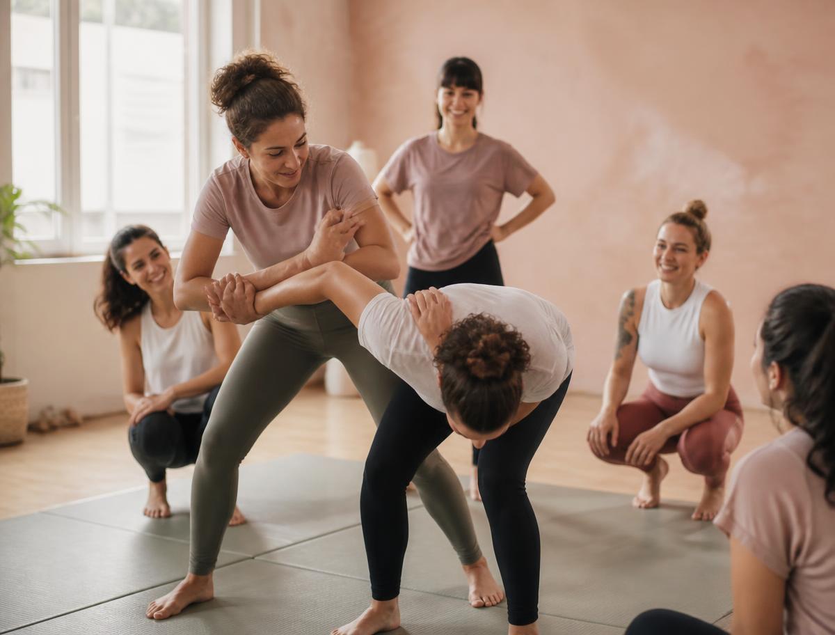 Women practicing a basic self-defense escape on mats